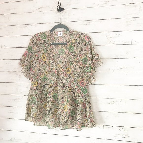 cAbi Tan Poet V-Neck Sheer Floral Blouse - Small - Picture 2 of 6